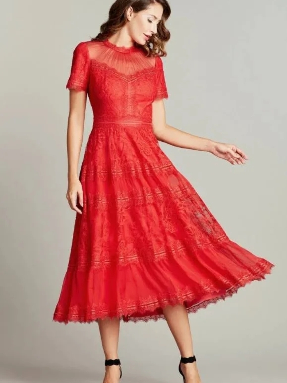 Tadashi Shoji Camilla Tea - Midi Length Lace Mesh Dress Red Rose Plus Size